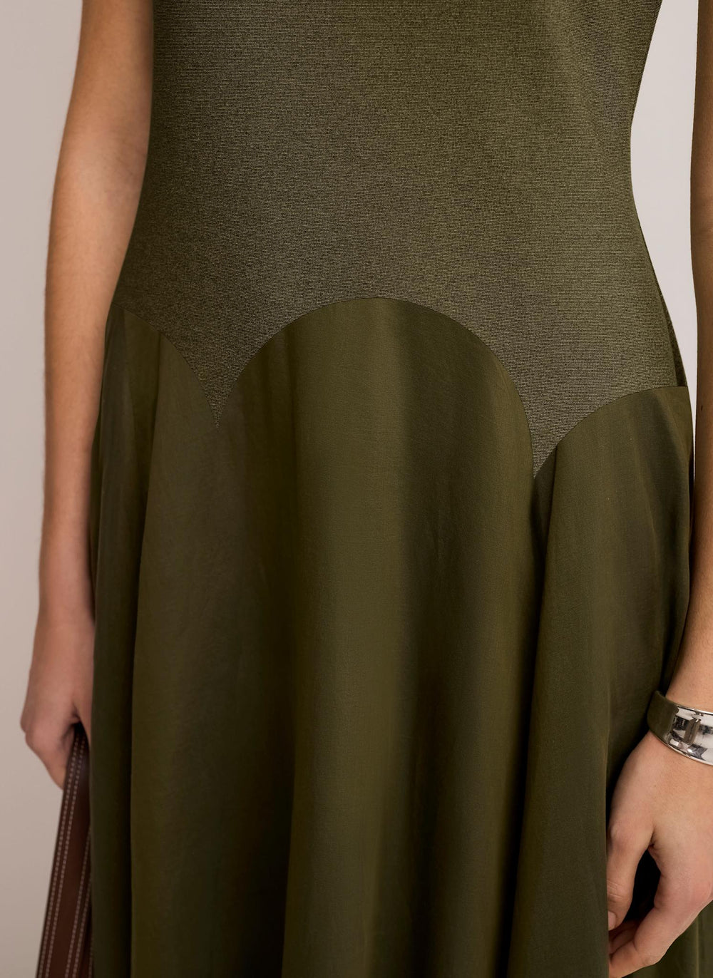 Khaki Jersey Drop Waist Midi Dress