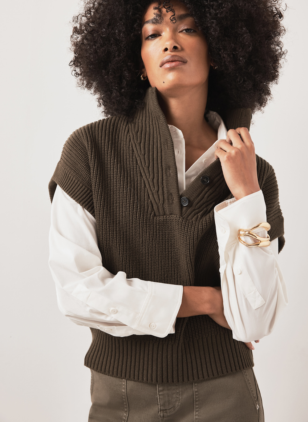 Khaki Funnel Neck Ribbed Knit Top