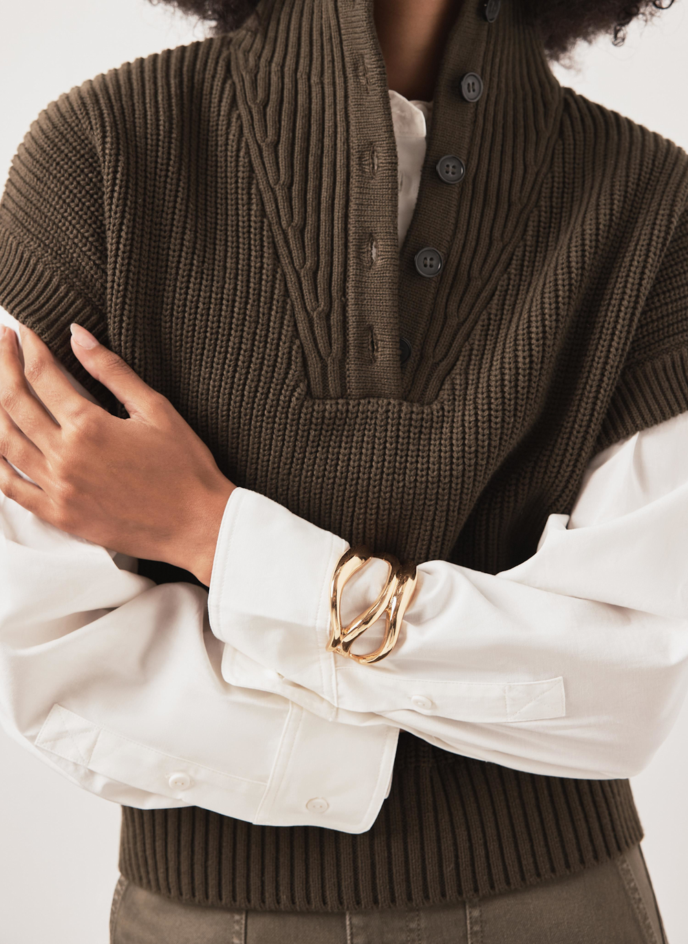 Khaki Funnel Neck Ribbed Knit Top
