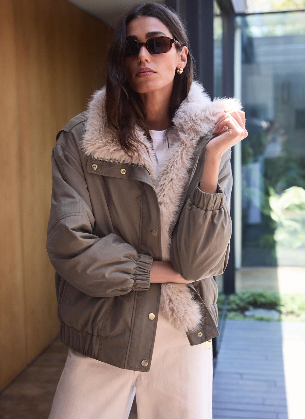 Khaki  Faux Fur Lined Bomber Jacket
