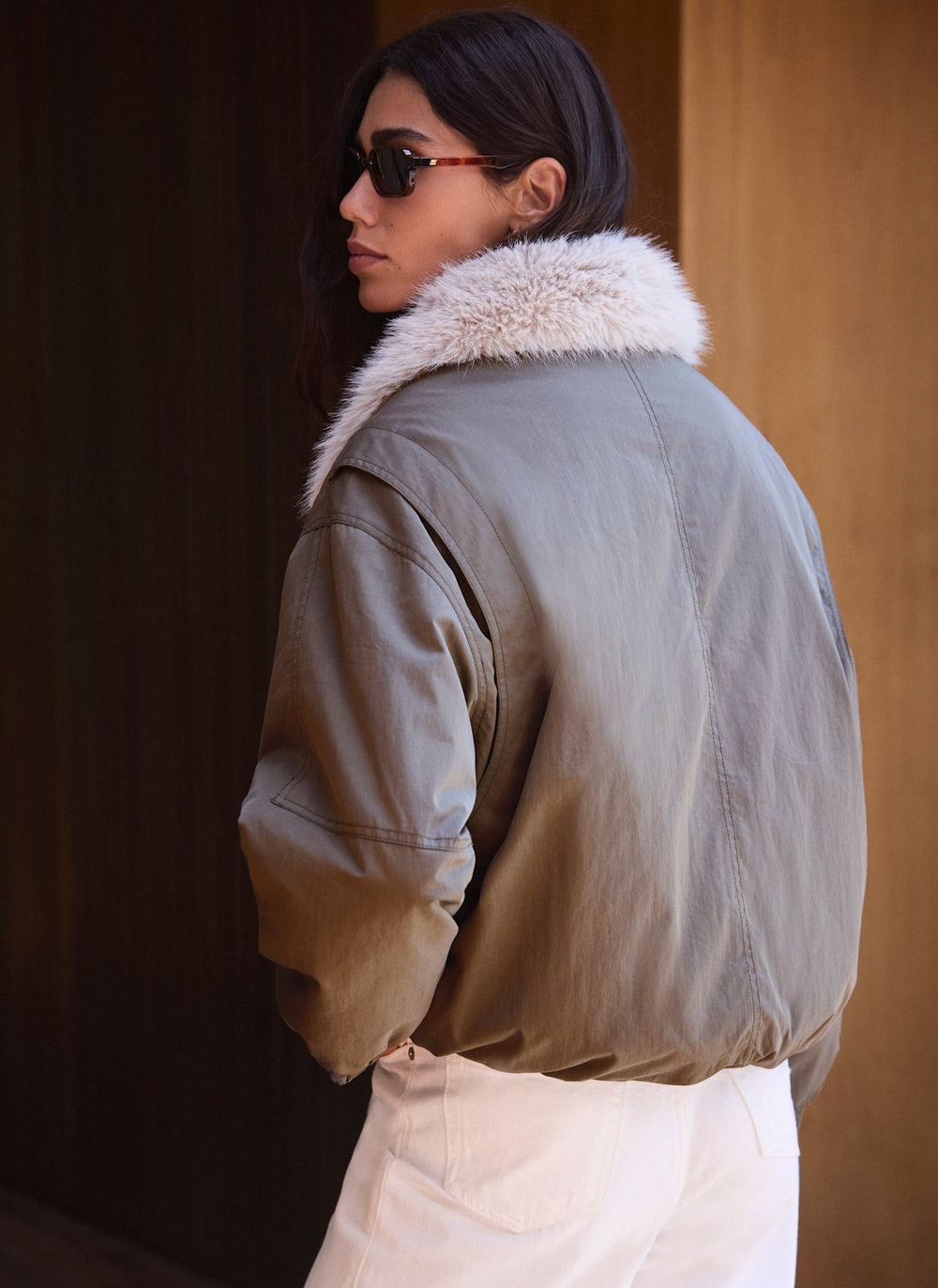 Khaki  Faux Fur Lined Bomber Jacket