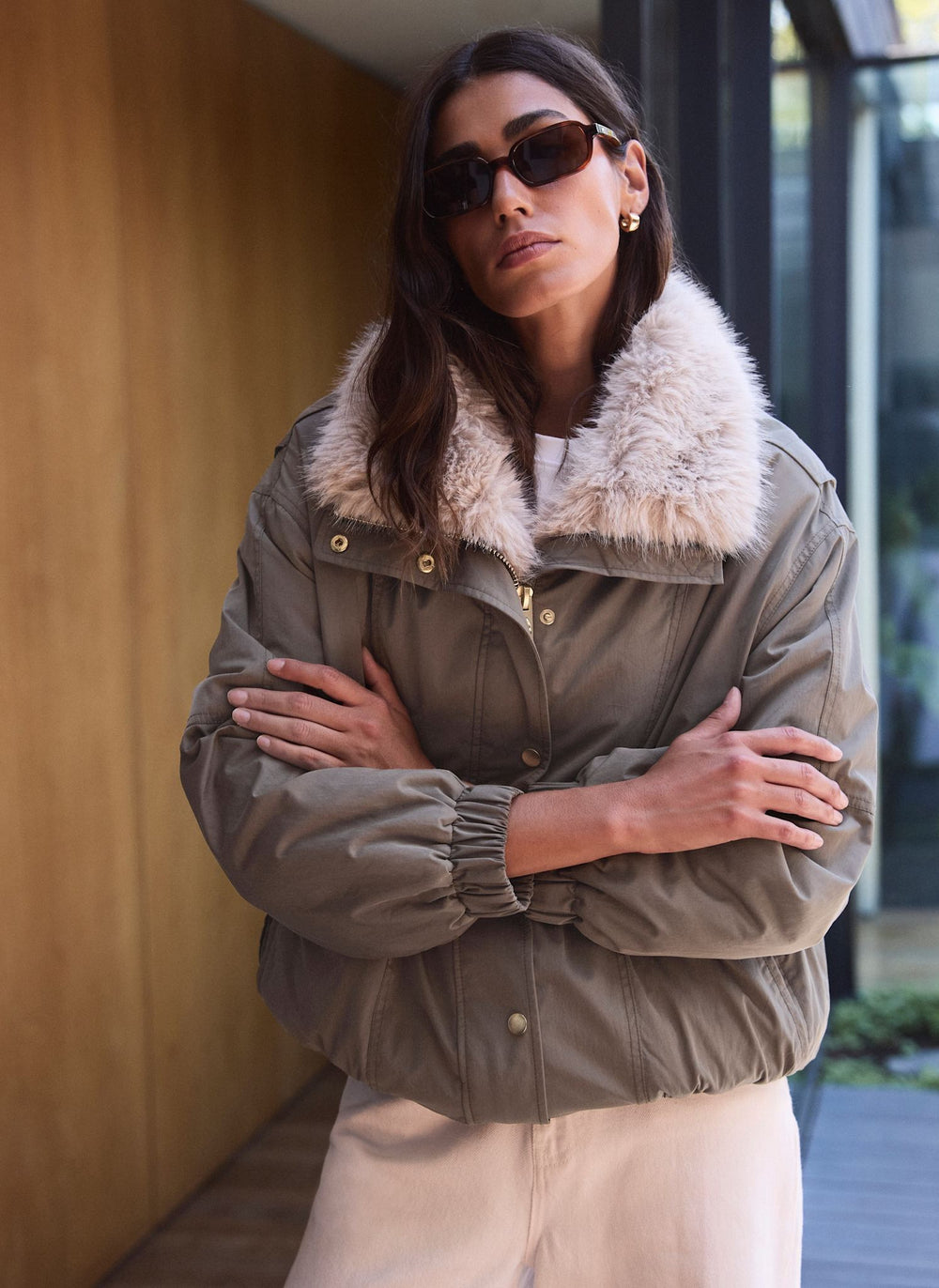 Khaki  Faux Fur Lined Bomber Jacket