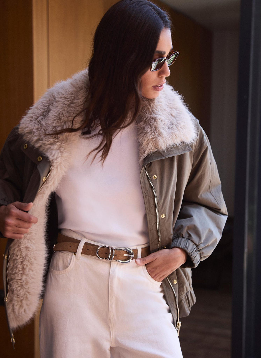 Khaki  Faux Fur Lined Bomber Jacket