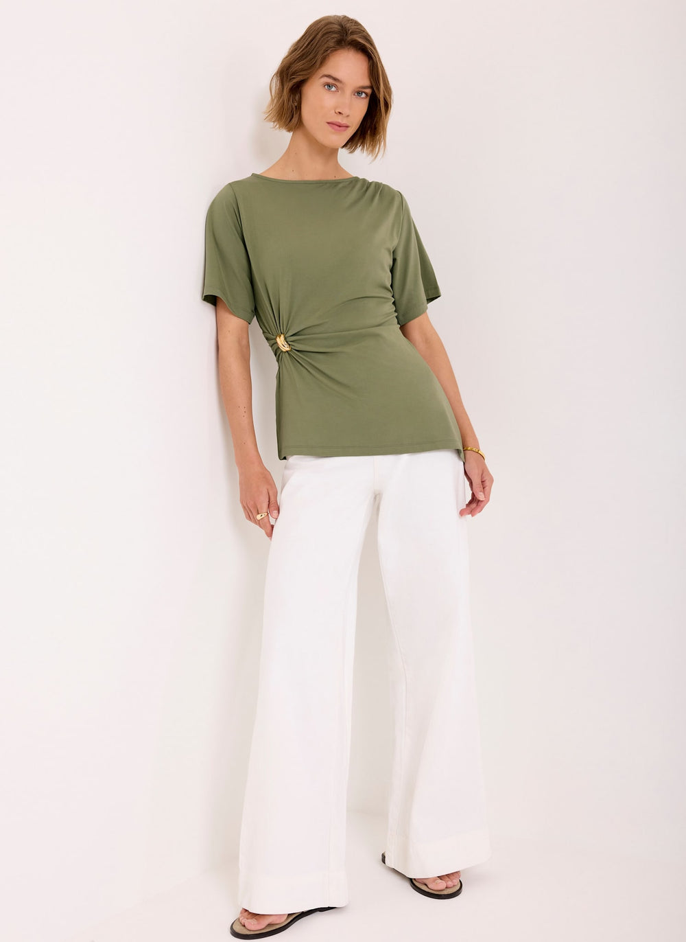 Khaki Gathered Detail Top