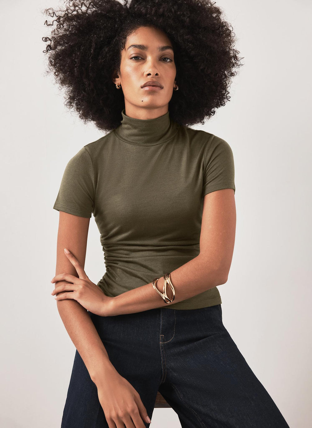 Khaki High Neck Ruched Jersey Top