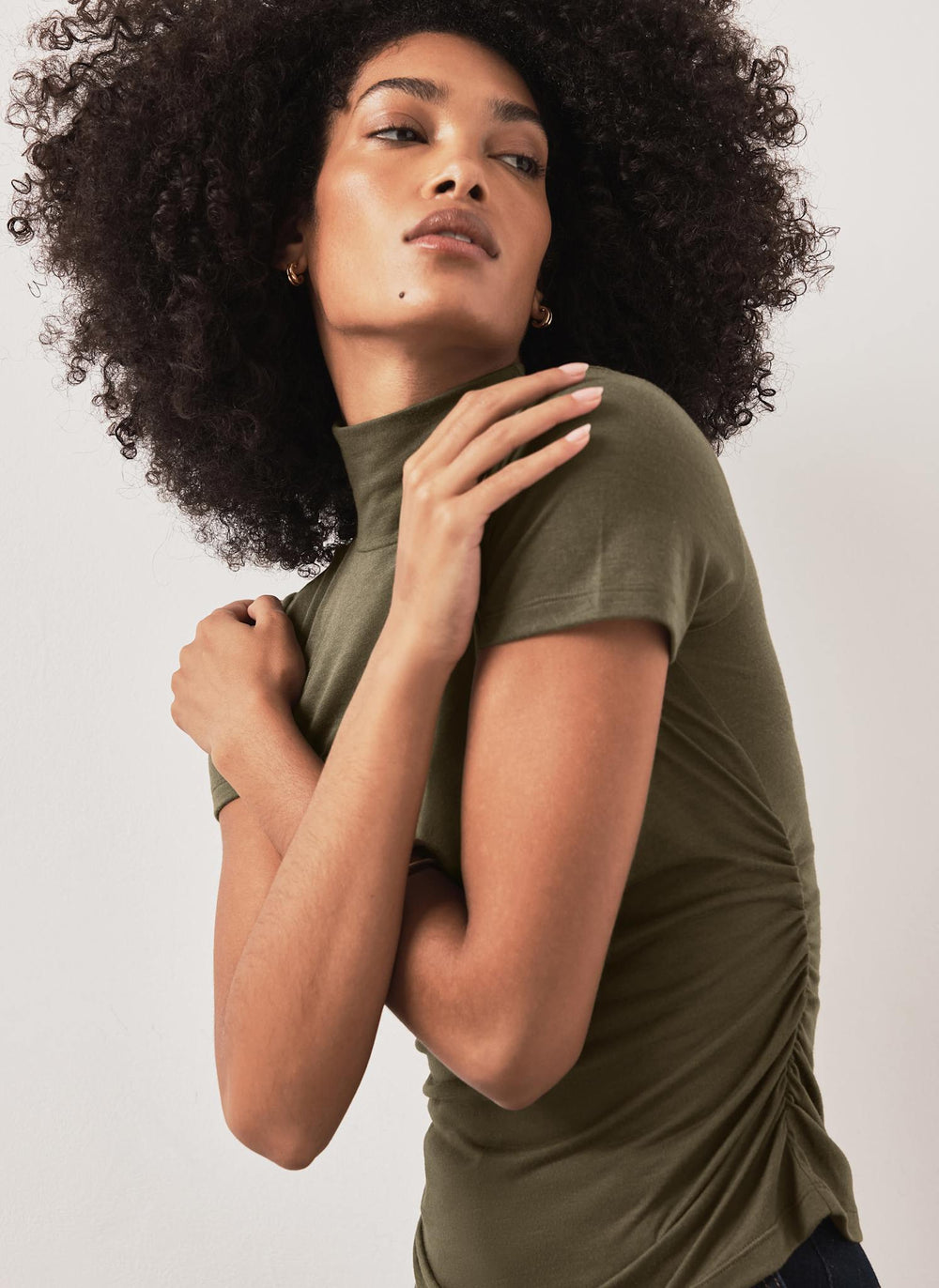 Khaki High Neck Ruched Jersey Top