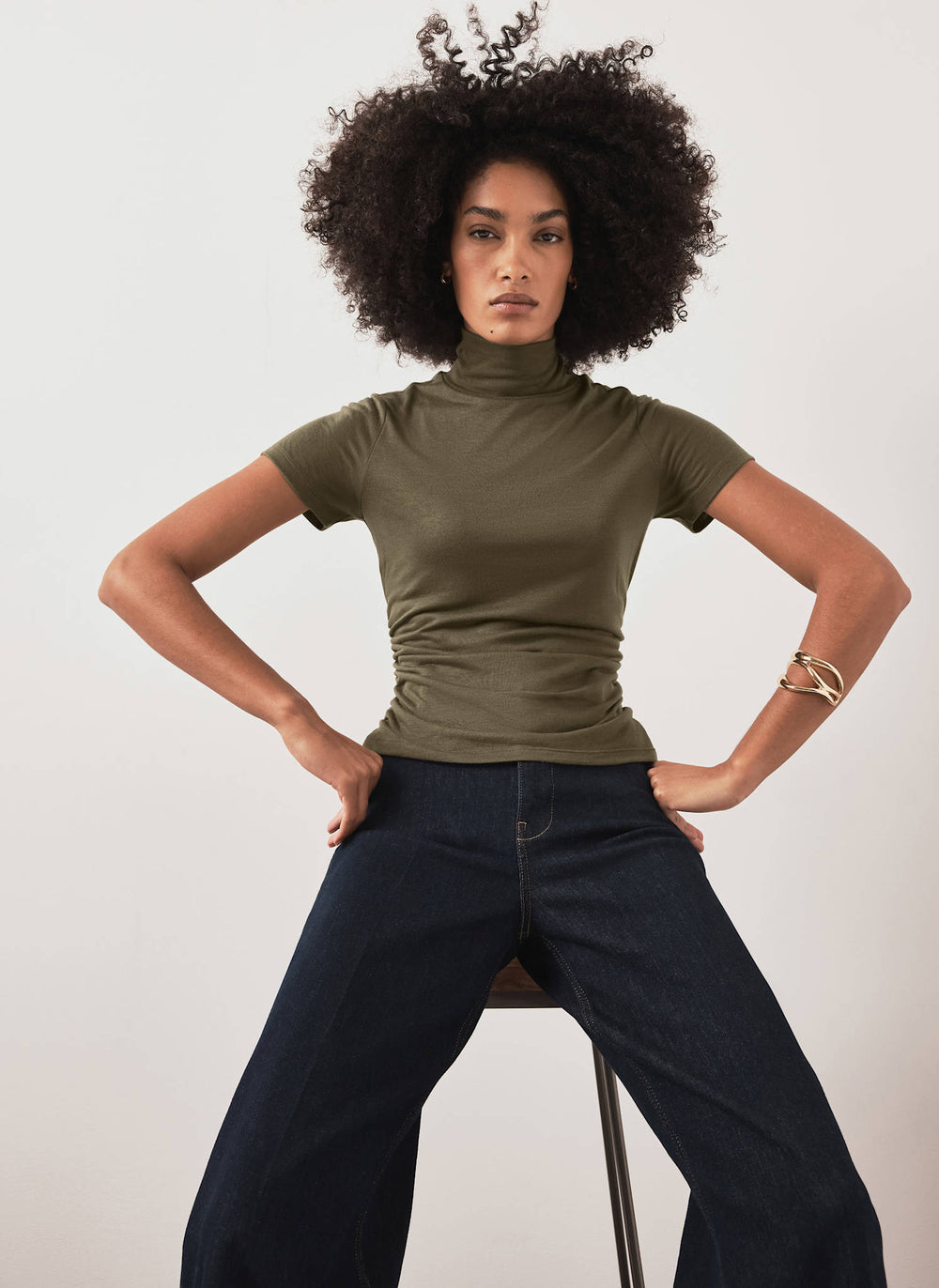 Khaki High Neck Ruched Jersey Top