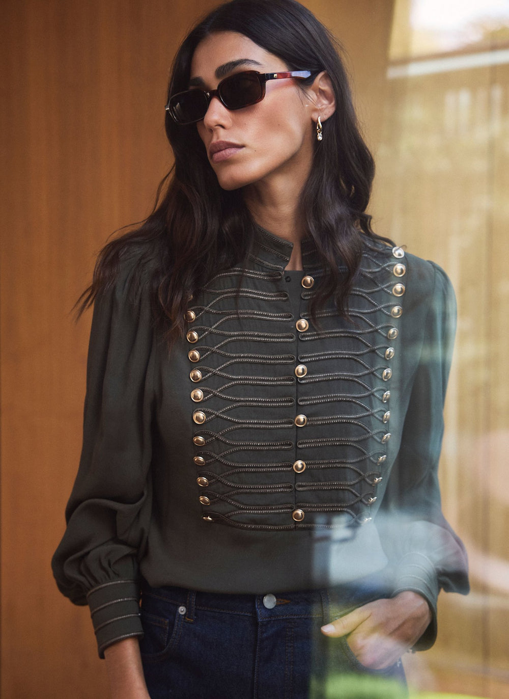Khaki Military Trim Stand Collar Blouse