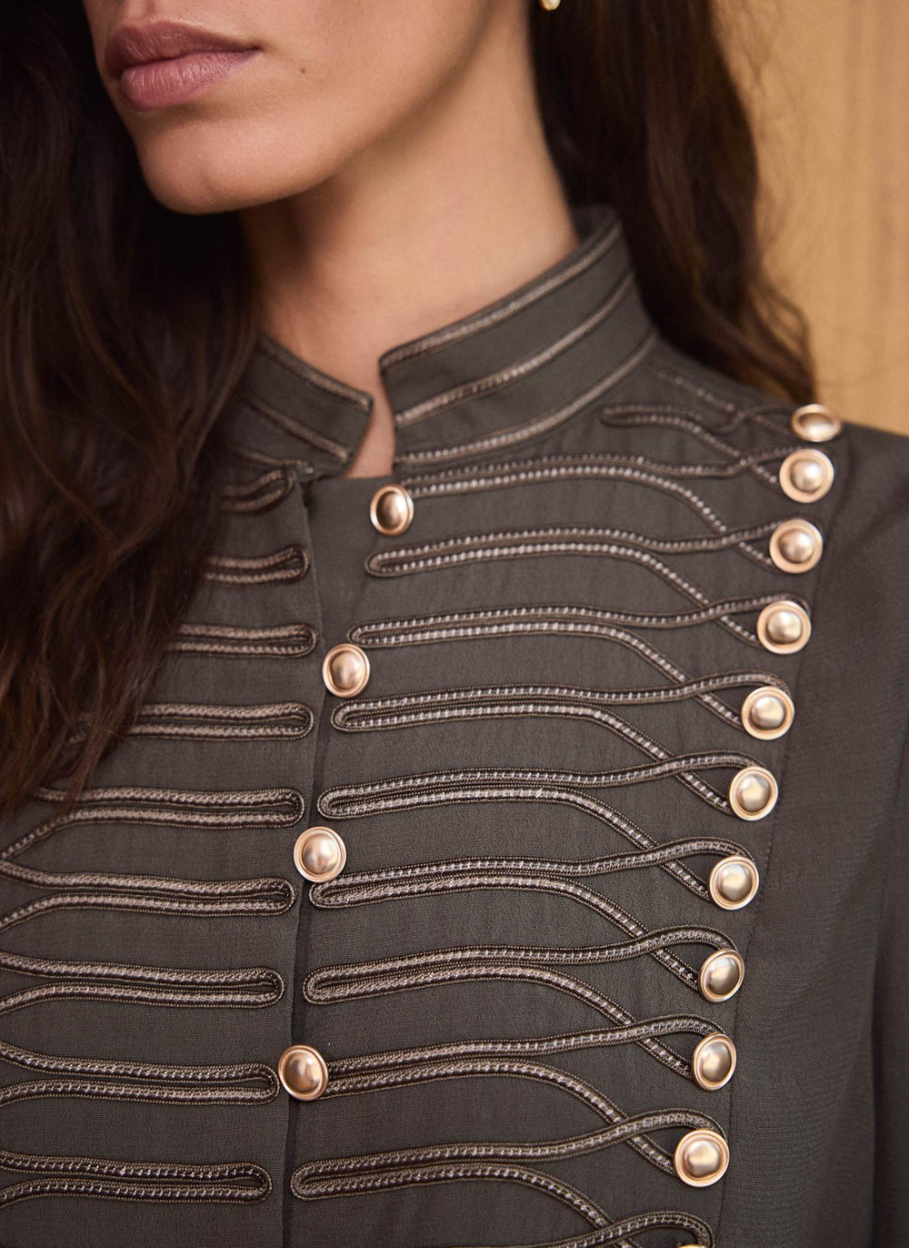 Khaki Military Trim Stand Collar Blouse