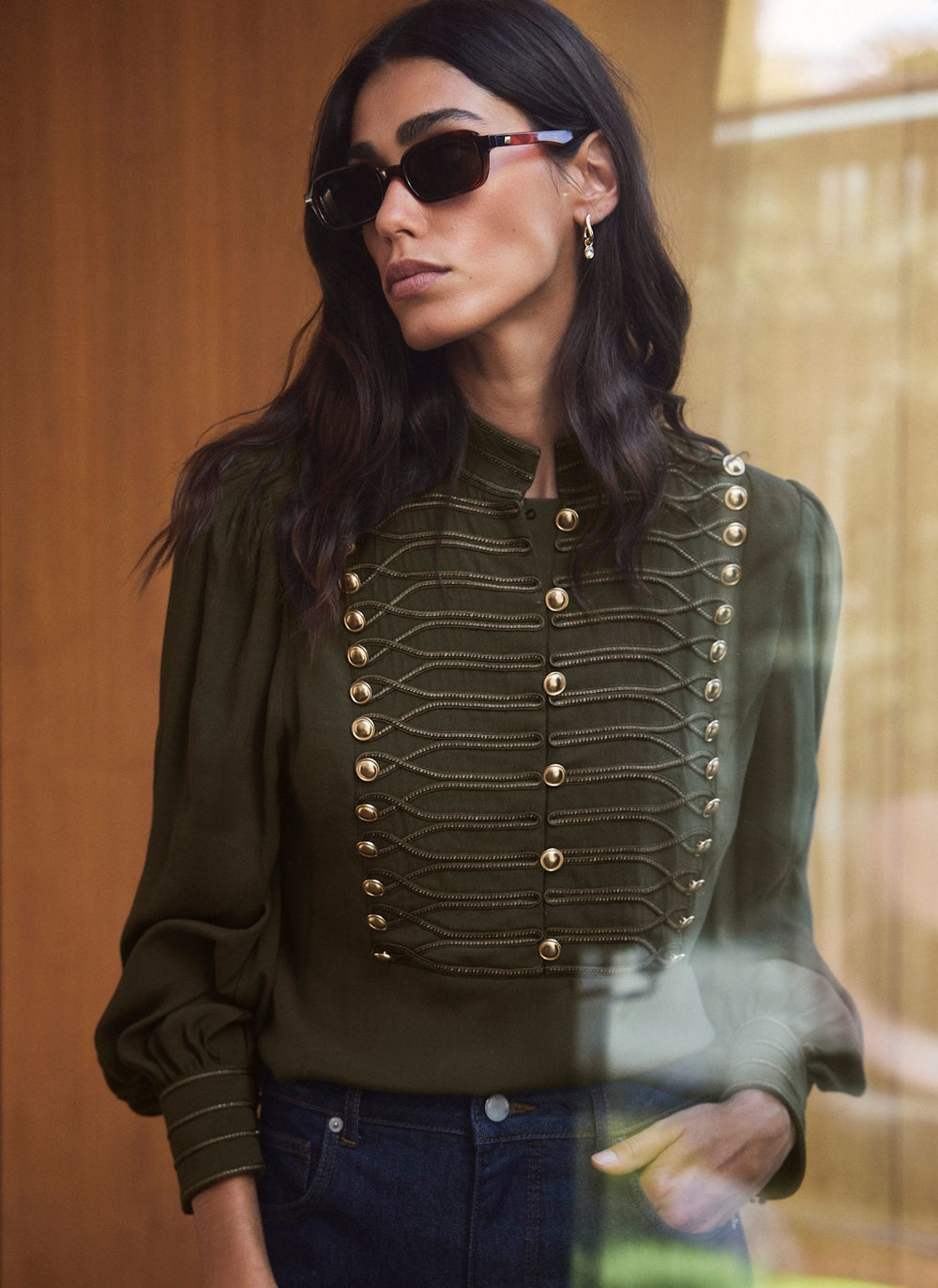 Khaki Military Trim Stand Collar Blouse