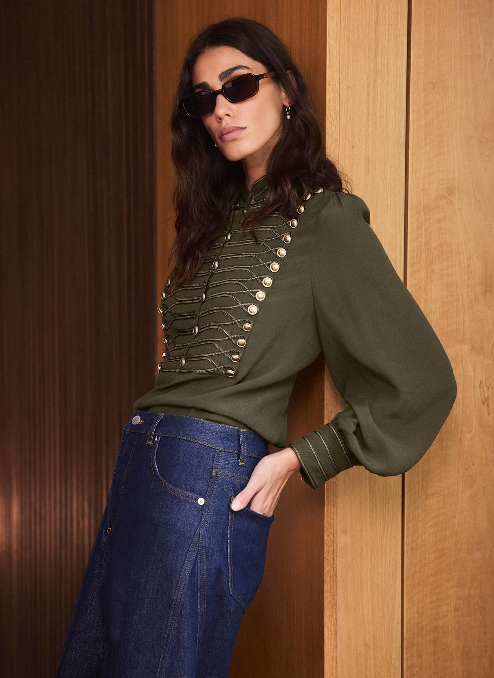Khaki Military Trim Stand Collar Blouse
