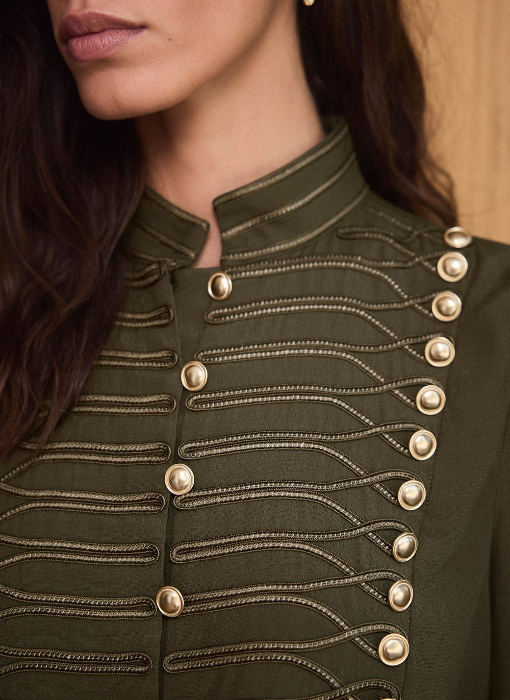 Khaki Military Trim Stand Collar Blouse