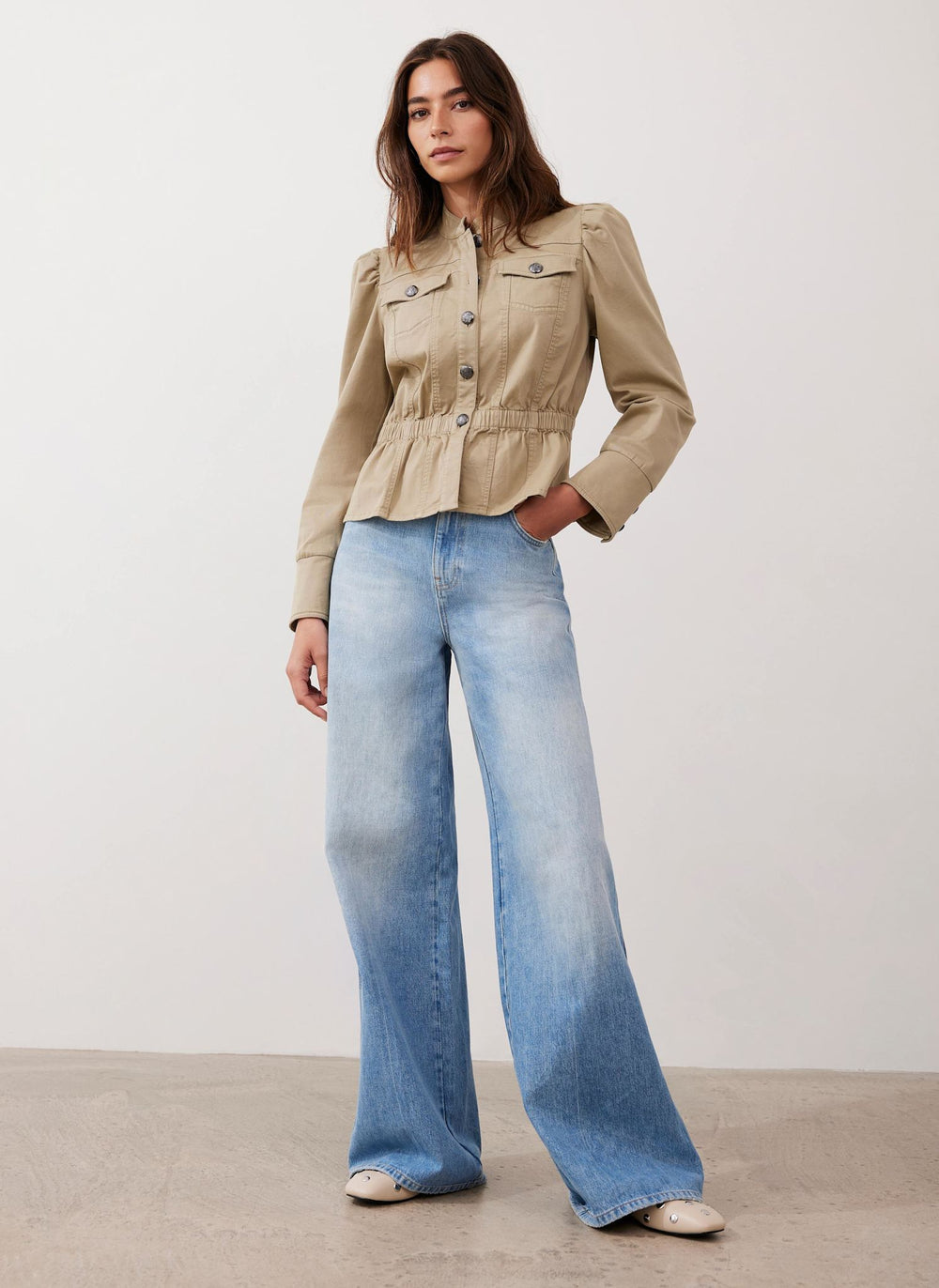 Khaki Puff Sleeve Peplum Jacket