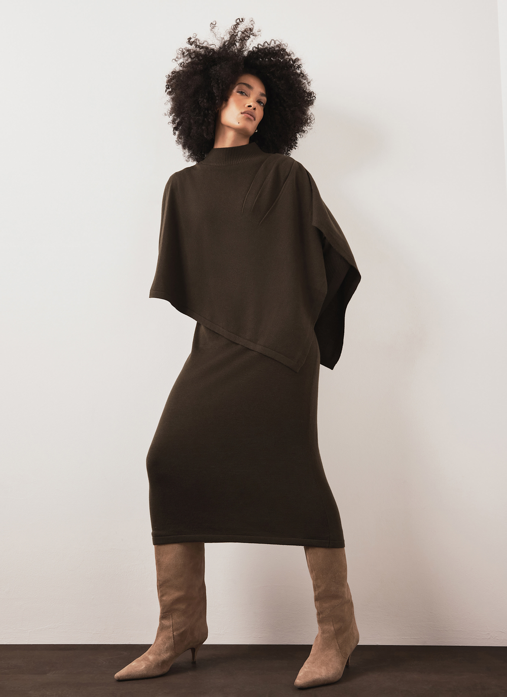 Khaki Poncho Knit Midi Dress