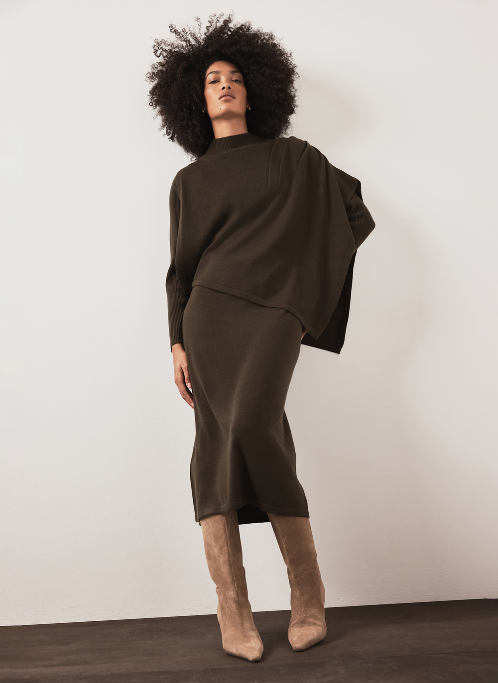 Khaki Poncho Knit Midi Dress