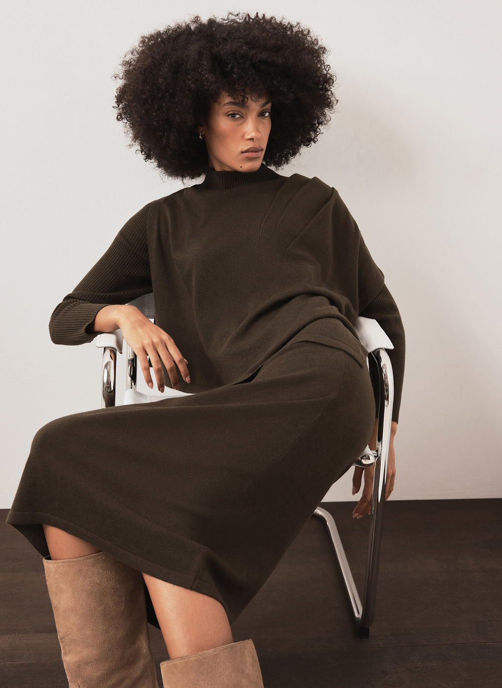 Khaki Poncho Knit Midi Dress