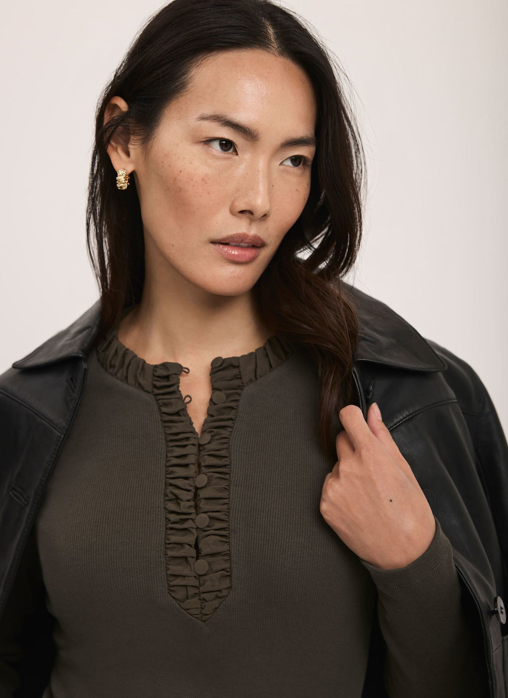 Khaki Cotton Blend Ruched Henley Top
