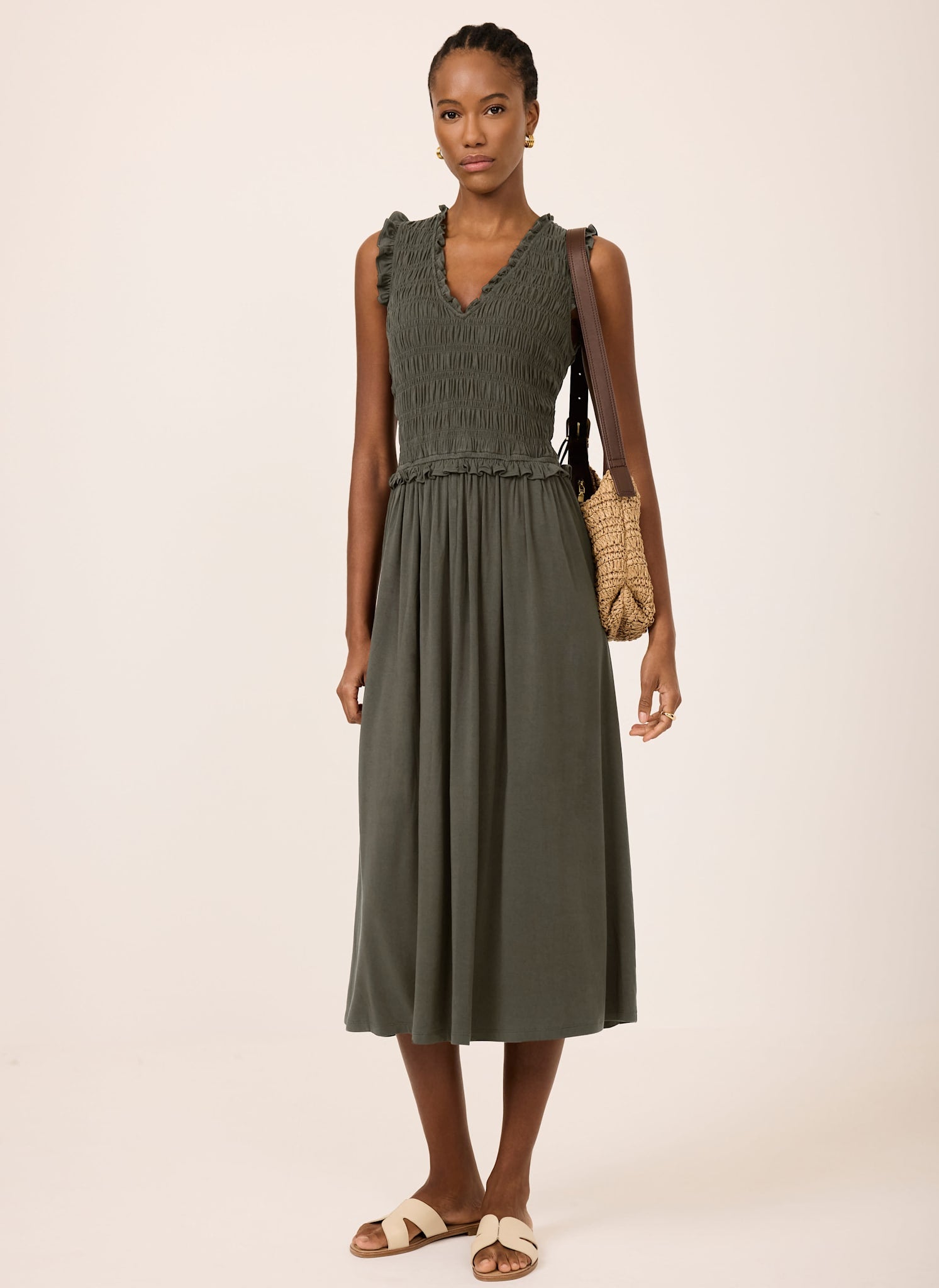 Khaki Shirred Ruffle Midi Dress