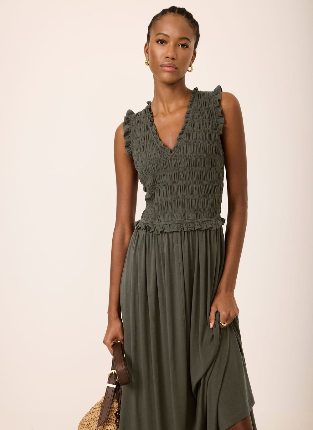Mint Velvet Khaki Shirred Ruffle Midi Dress | Size XL | Green | Sleeveless | V Neck Mint Velvet Khaki Shirred Ruffle Midi Dress | Size XL | Green | Sleeveless | V Neck