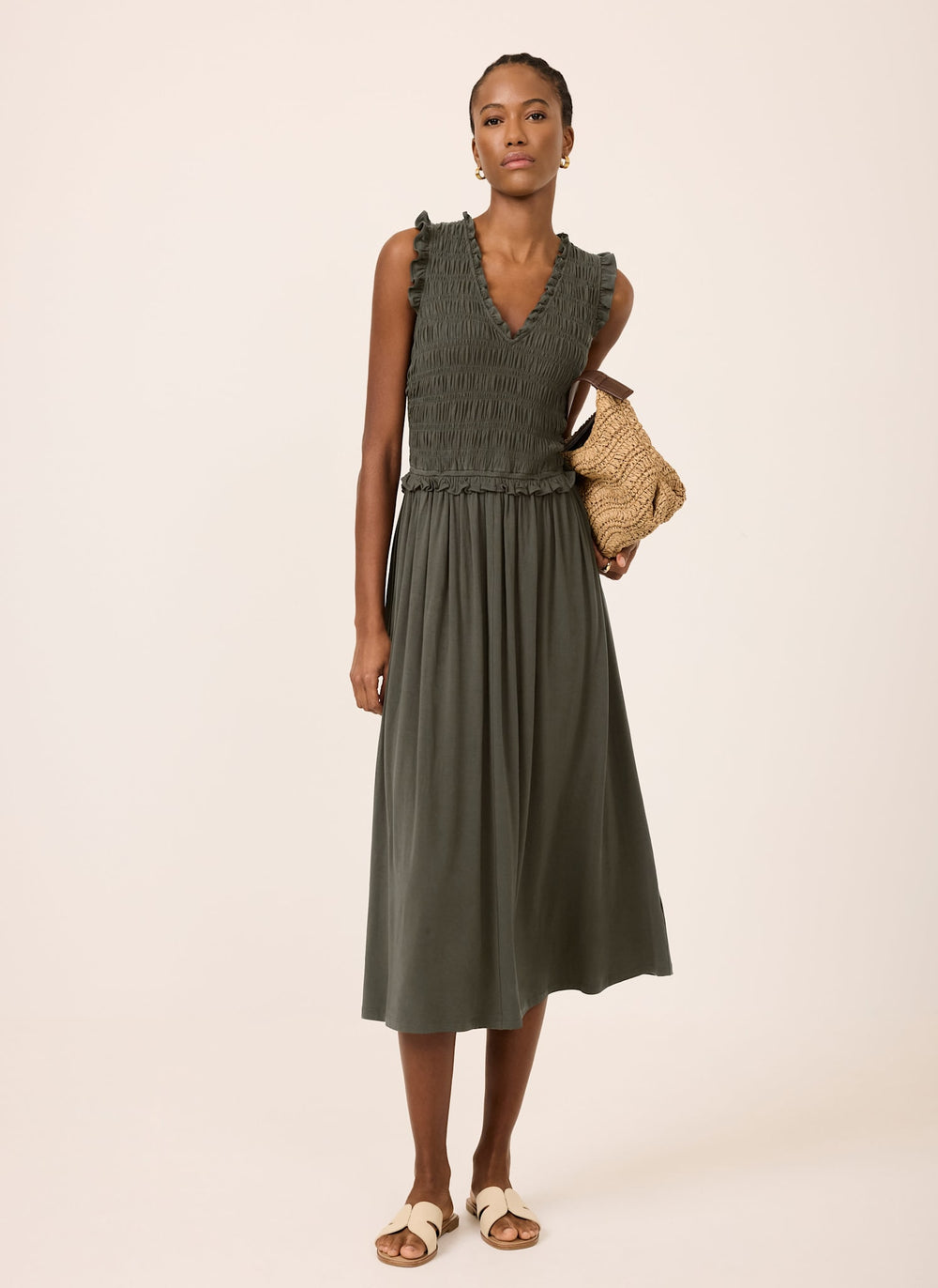 khaki midi dress Mint Velvet Khaki Shirred Ruffle Midi Dress | Size XL | Green | Sleeveless