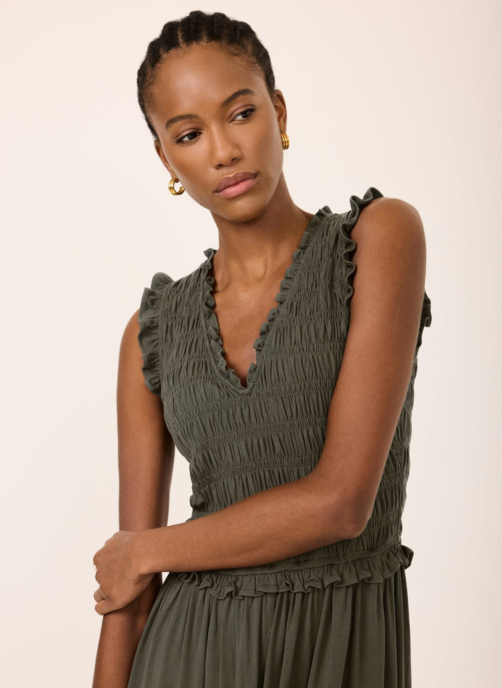 midi ruffle dress Mint Velvet Khaki Shirred Ruffle Midi Dress | Size XL | Green | Sleeveless