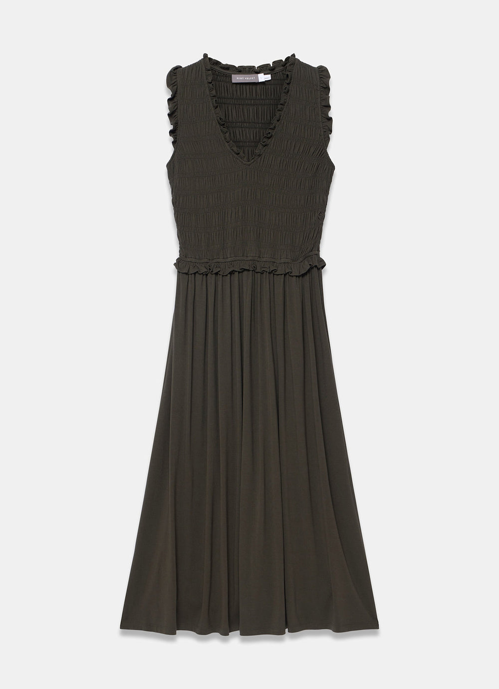 mint velvet ruffle midi dress Mint Velvet Khaki Shirred Ruffle Midi Dress | Size XL | Green | Sleeveless