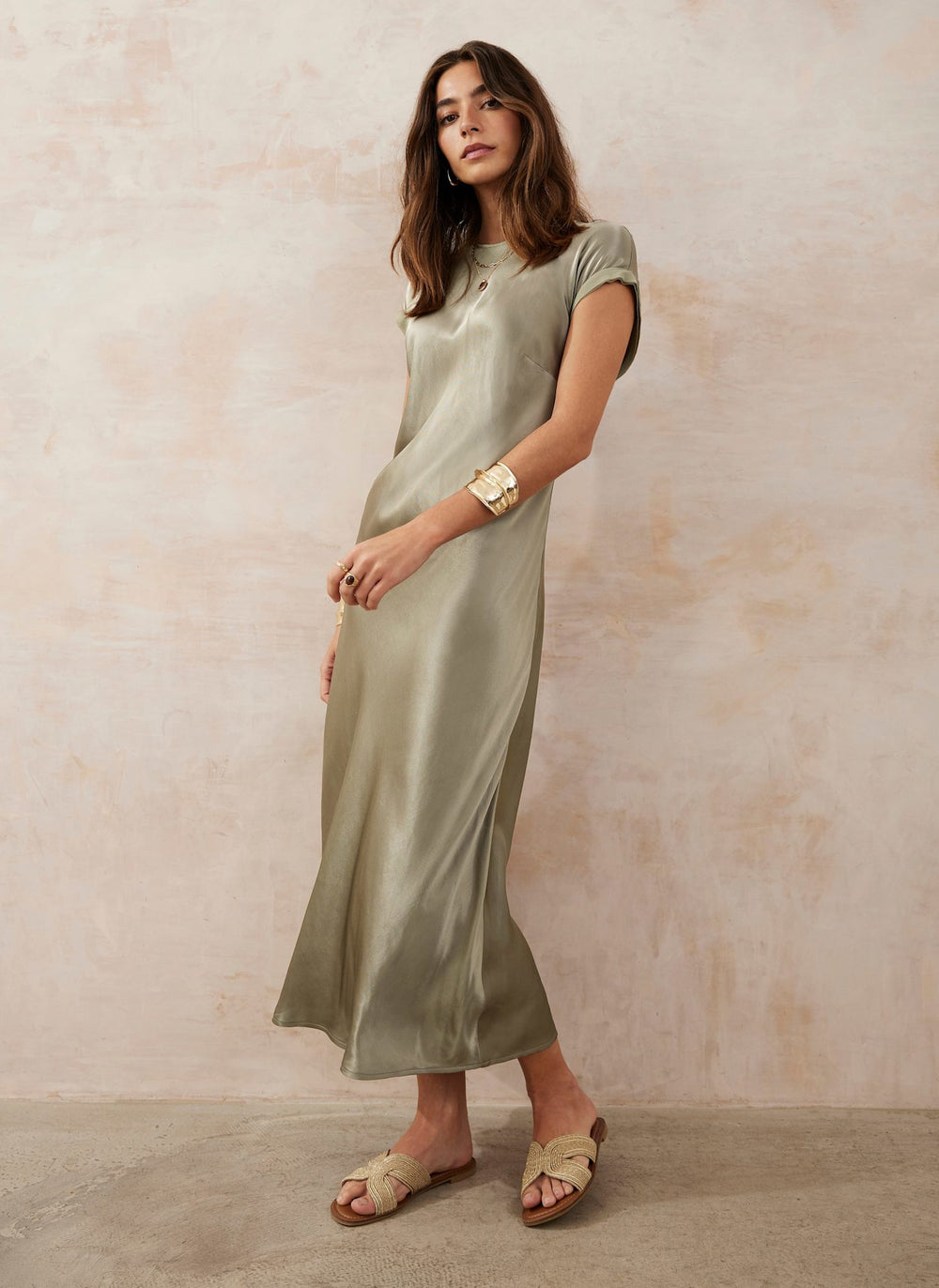 Khaki Satin Midi Dress
