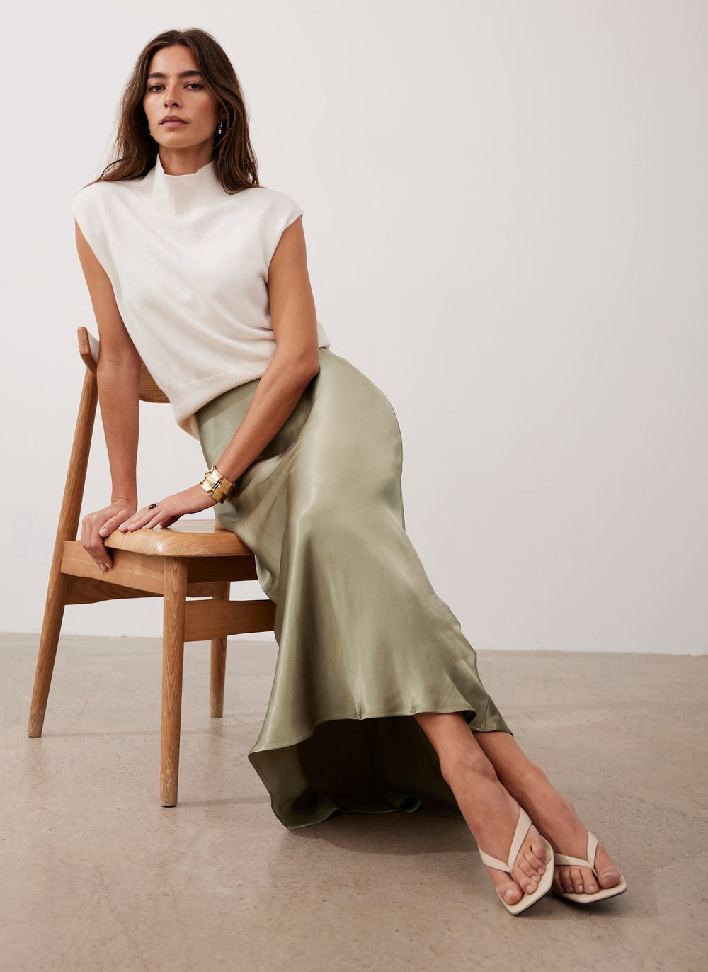Khaki Satin Slip Midi Skirt