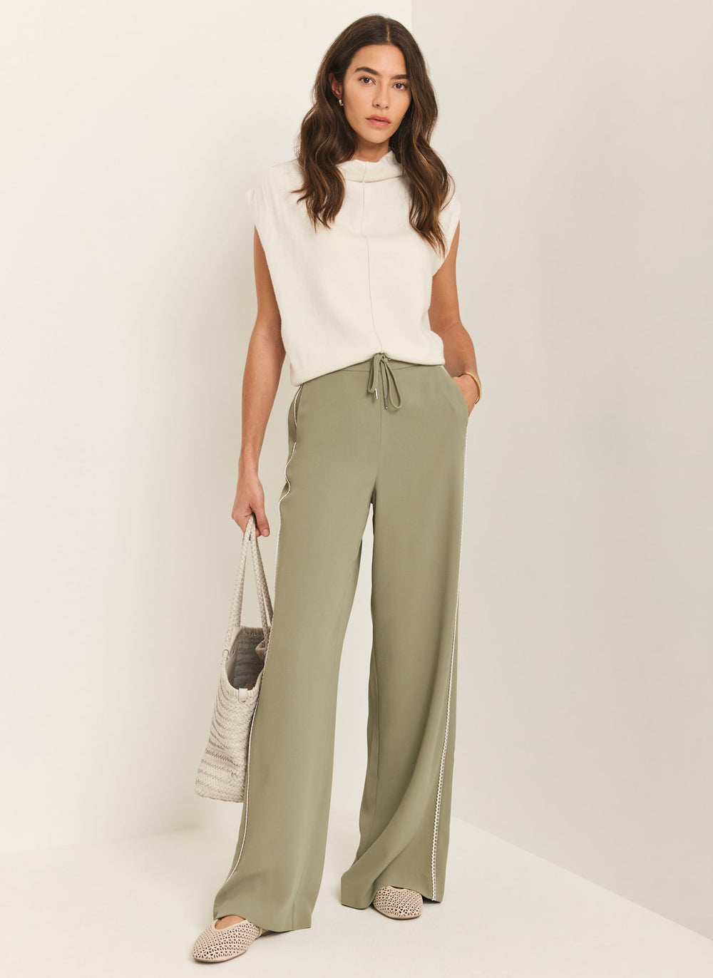 Khaki Scallop Side Stripe Wide Trousers