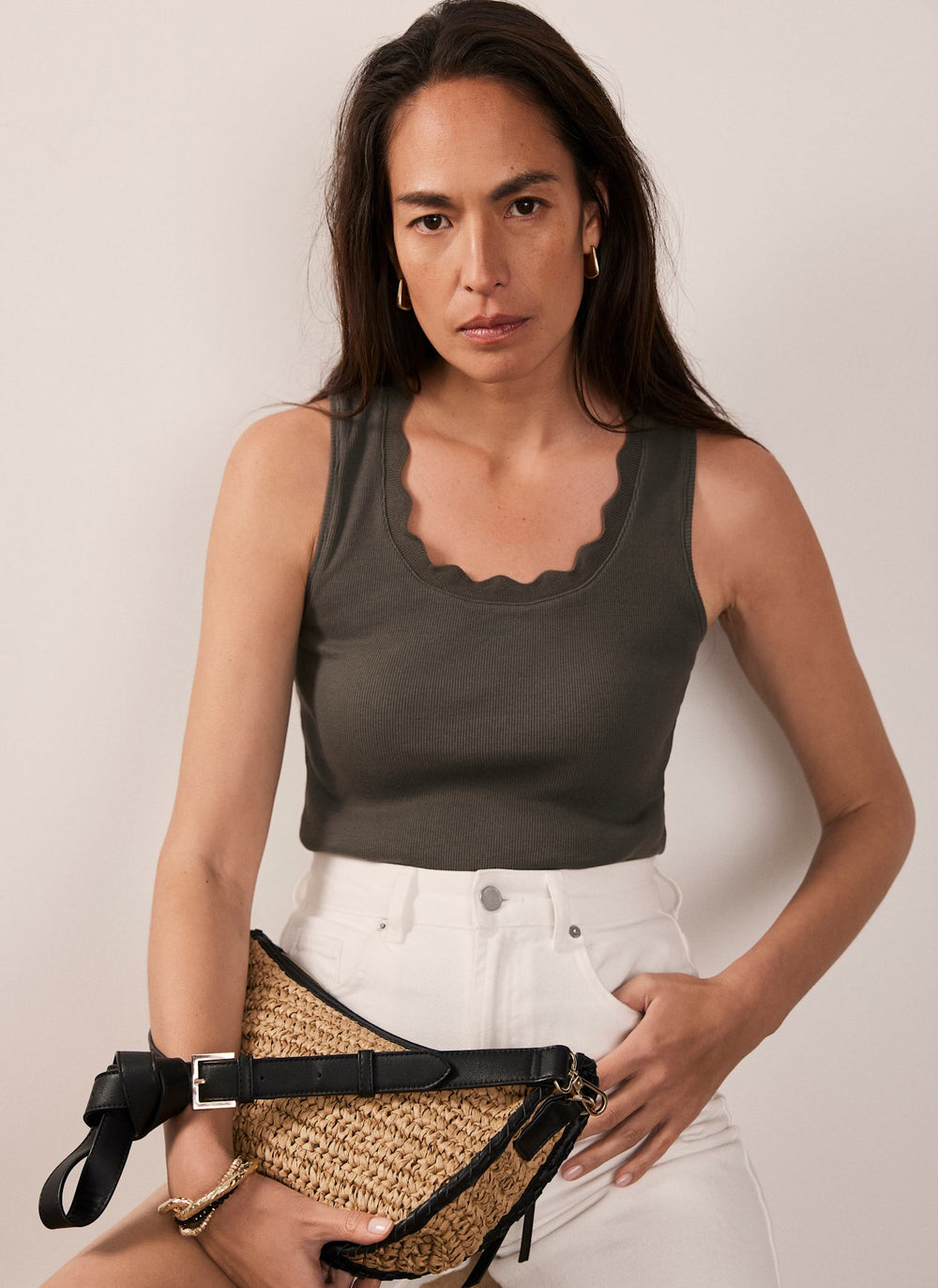 Khaki Scallop Trim Vest Top