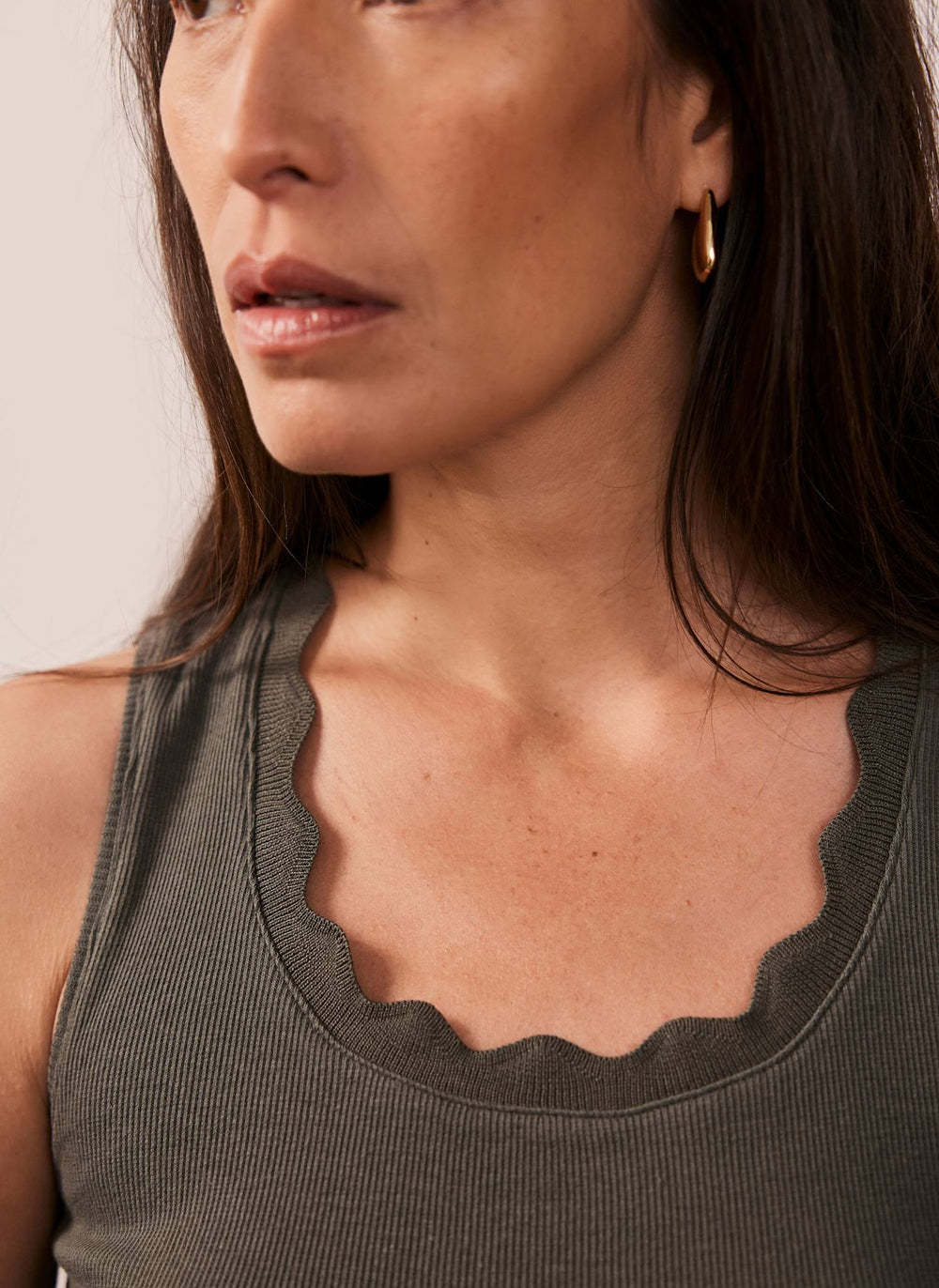 Khaki Scallop Trim Vest Top