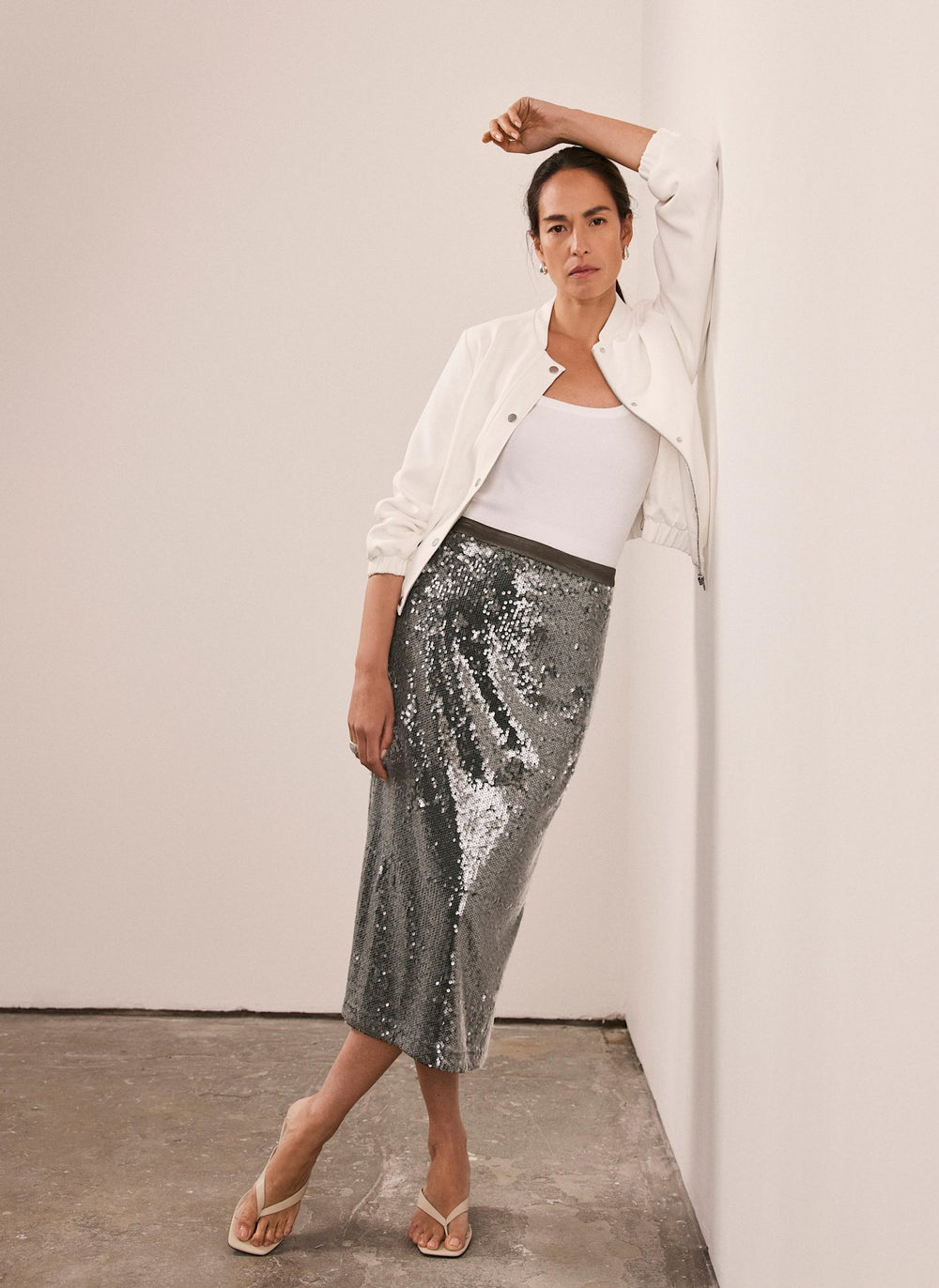 Khaki Sequin Midi Skirt