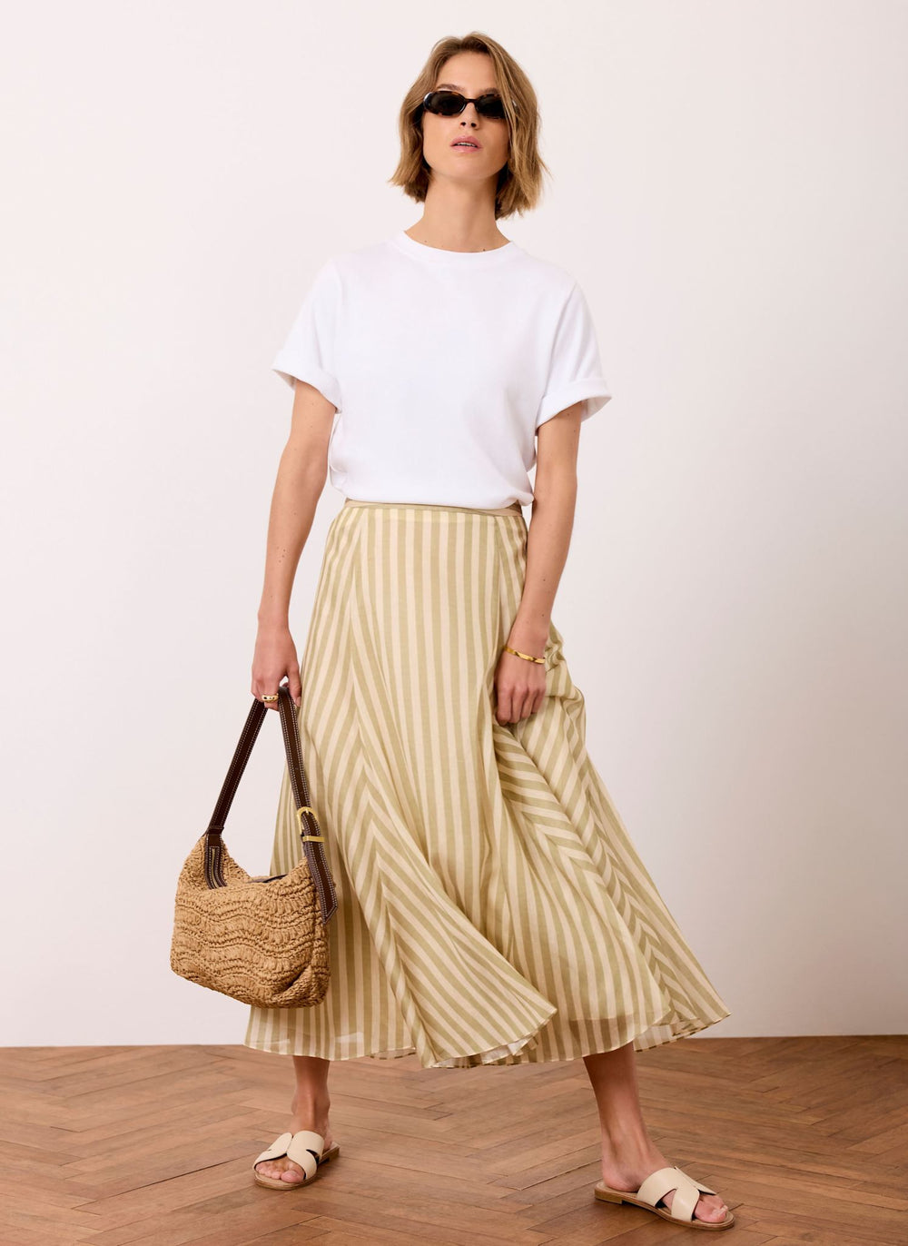 Green Striped A Line Midi Skirt