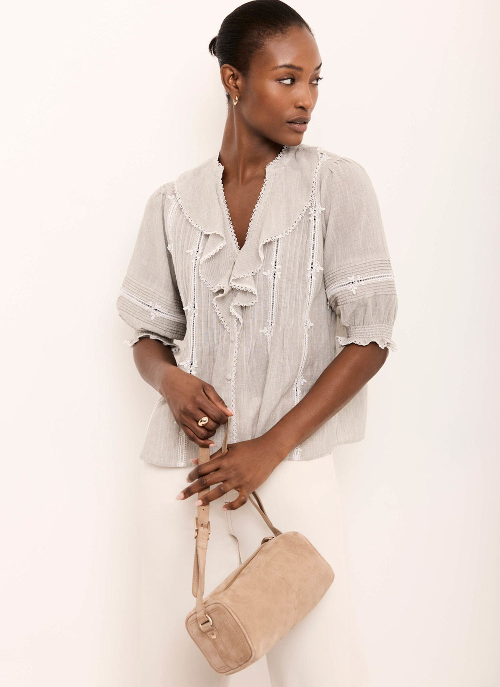 Cotton Stripe Ruffle Blouse