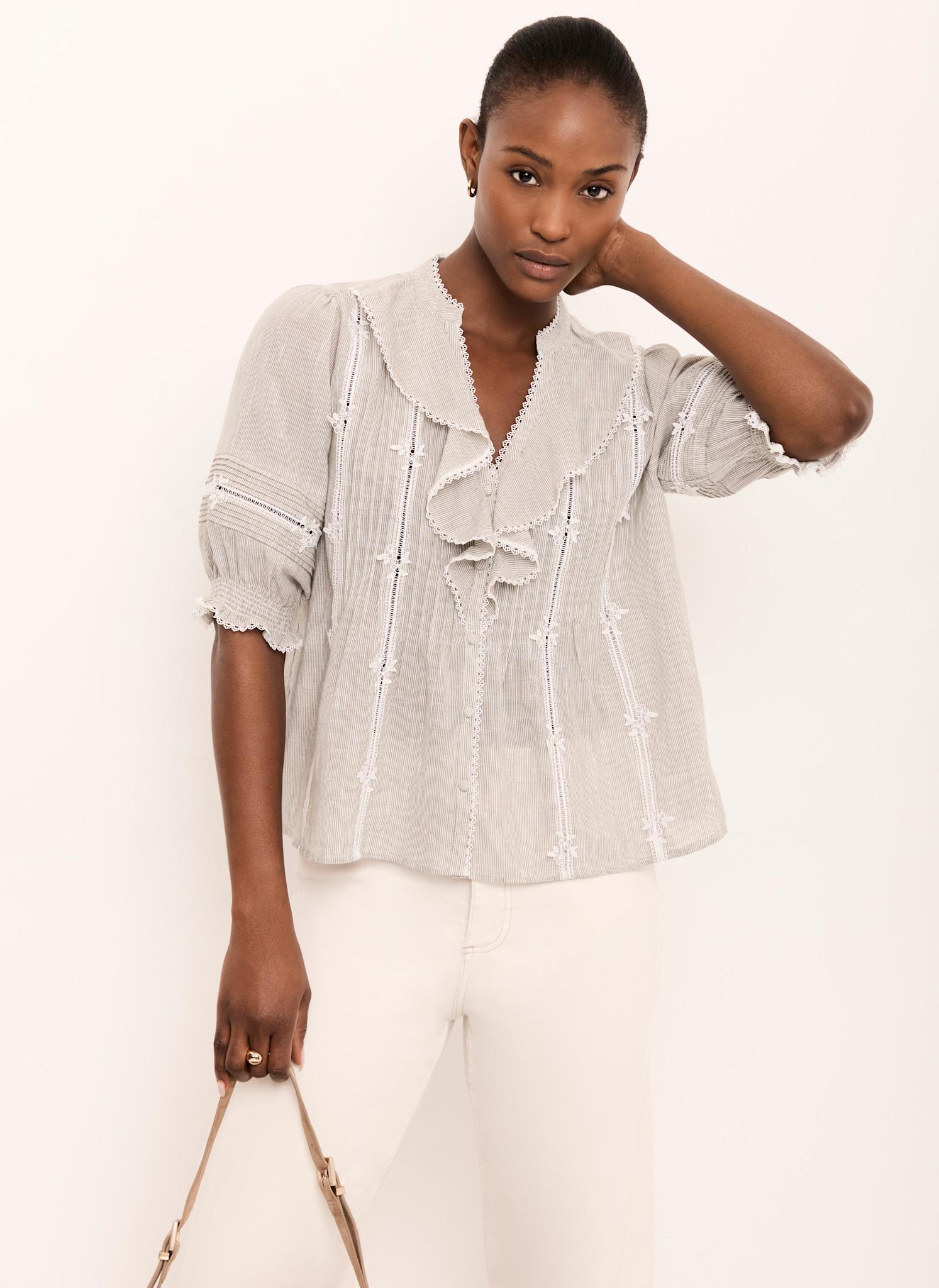 【KHAITE】 WHITE SILK stripe ruffle blouse Cotton Stripe Ruffle Blouse – Mint Velvet