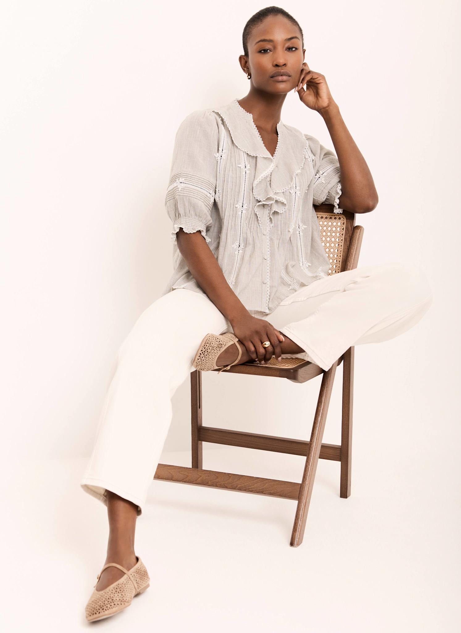 Cotton Stripe Ruffle Blouse – Mint Velvet