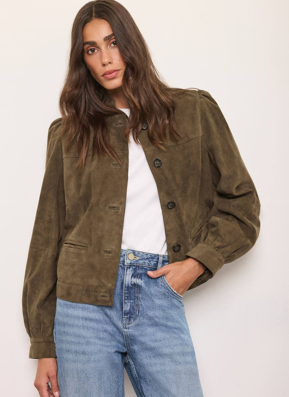 Khaki Suede Puff Sleeve Jacket