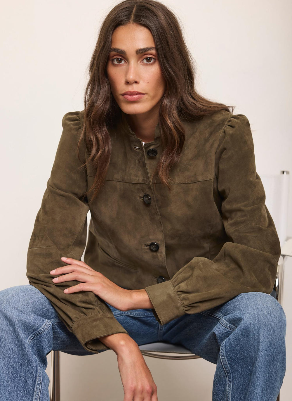 Khaki Suede Puff Sleeve Jacket