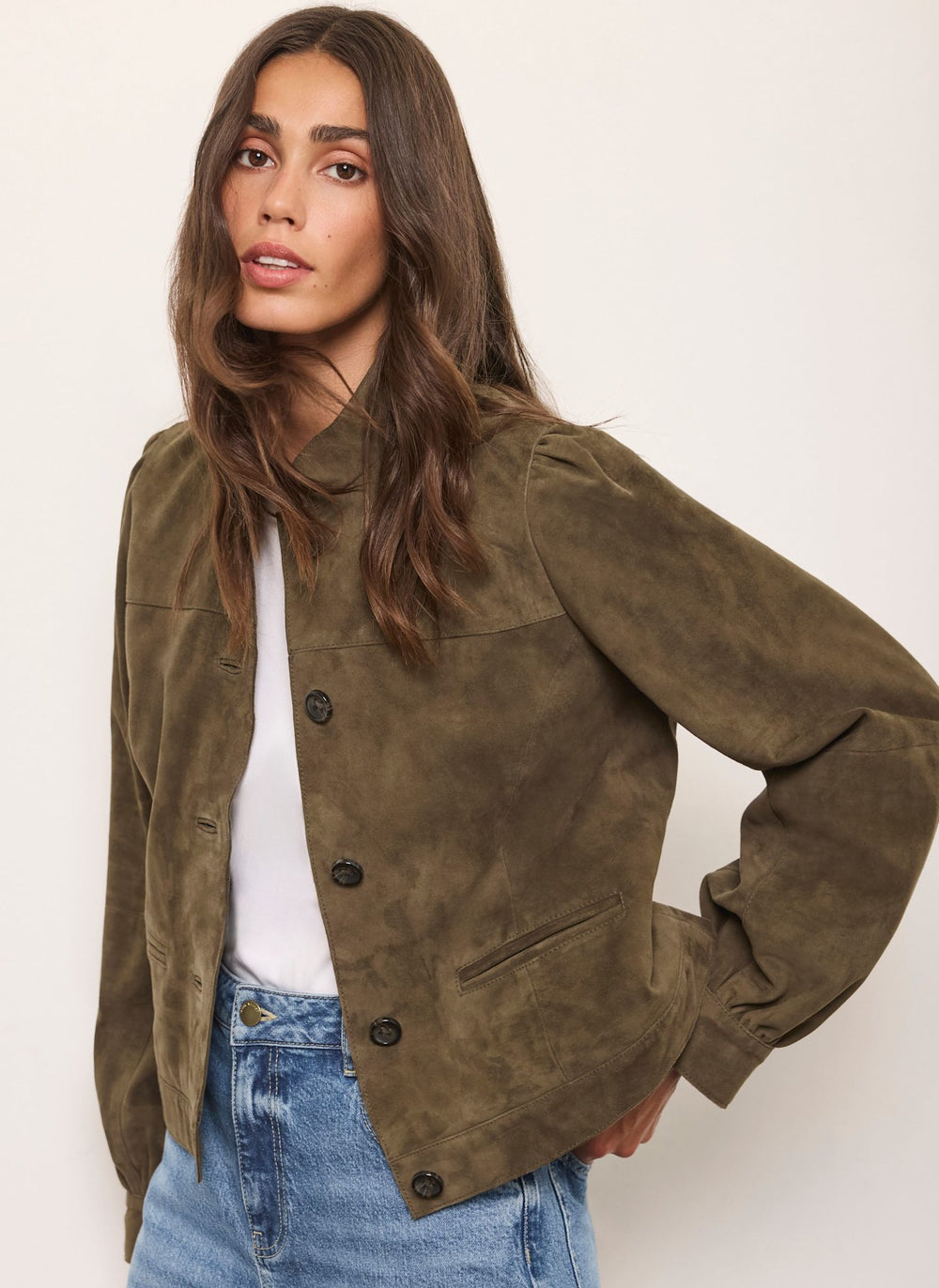 Khaki Suede Puff Sleeve Jacket