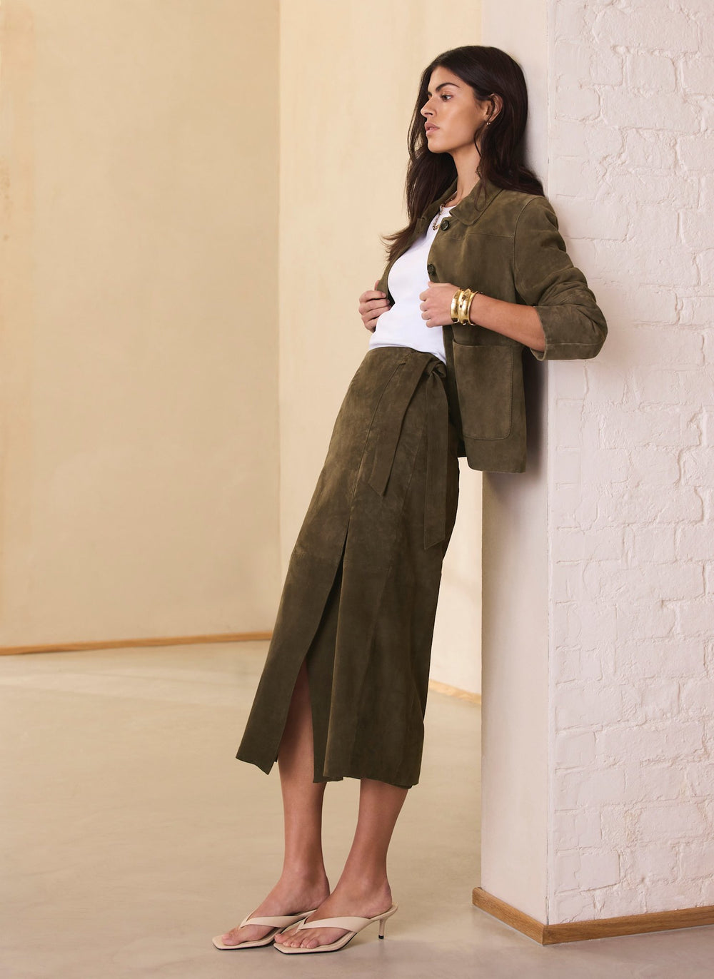 Khaki Suede Midi Skirt