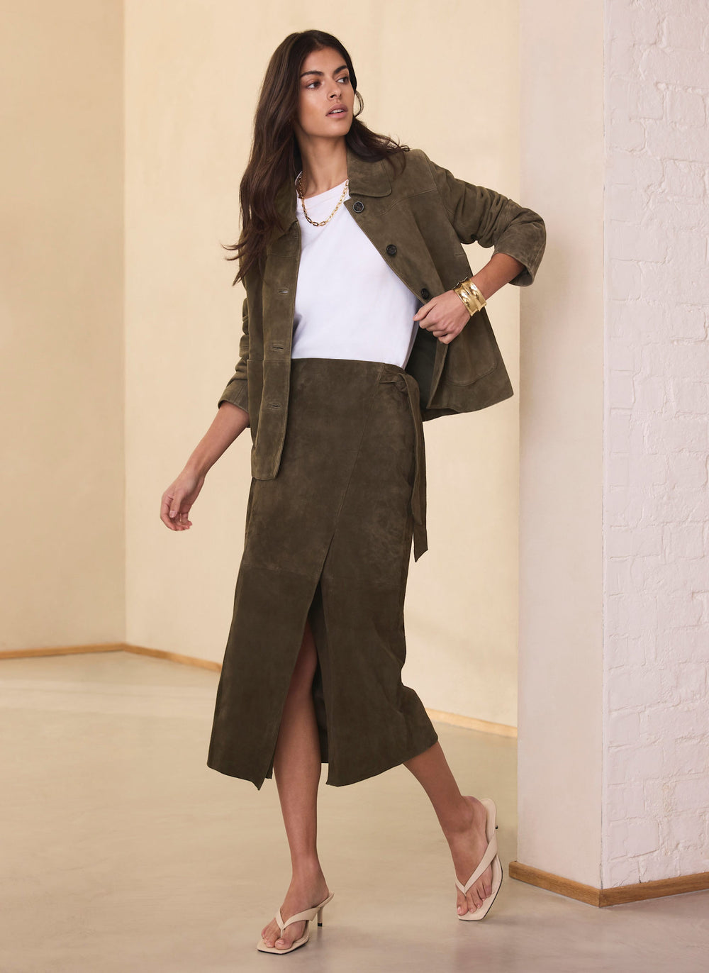 Khaki Suede Midi Skirt