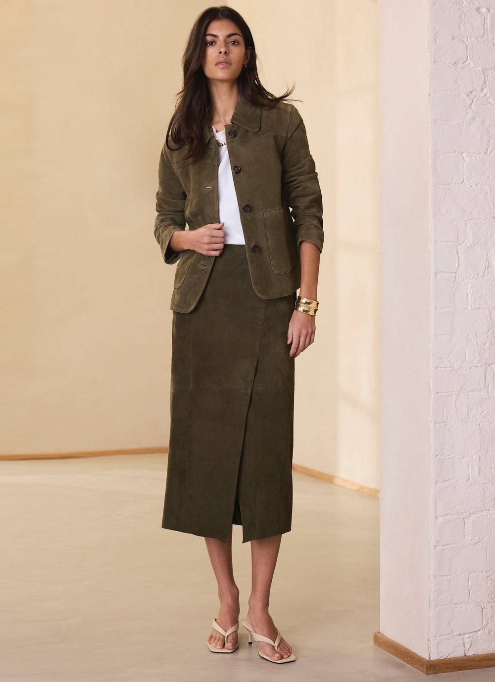 Khaki Suede Midi Skirt