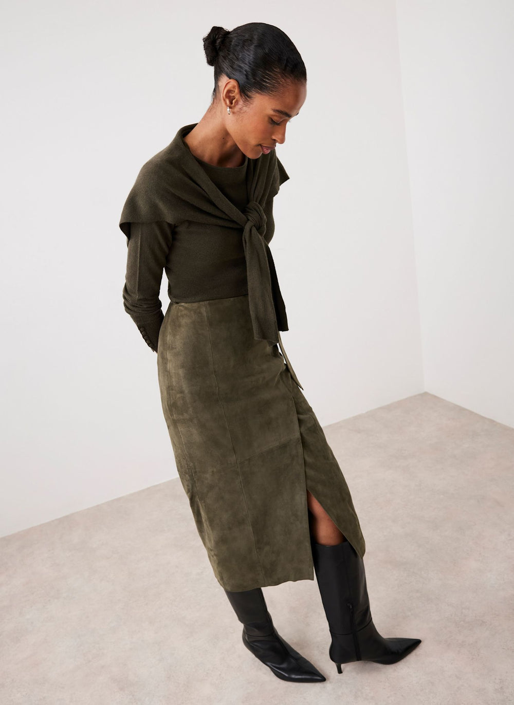 Khaki Suede Midi Skirt