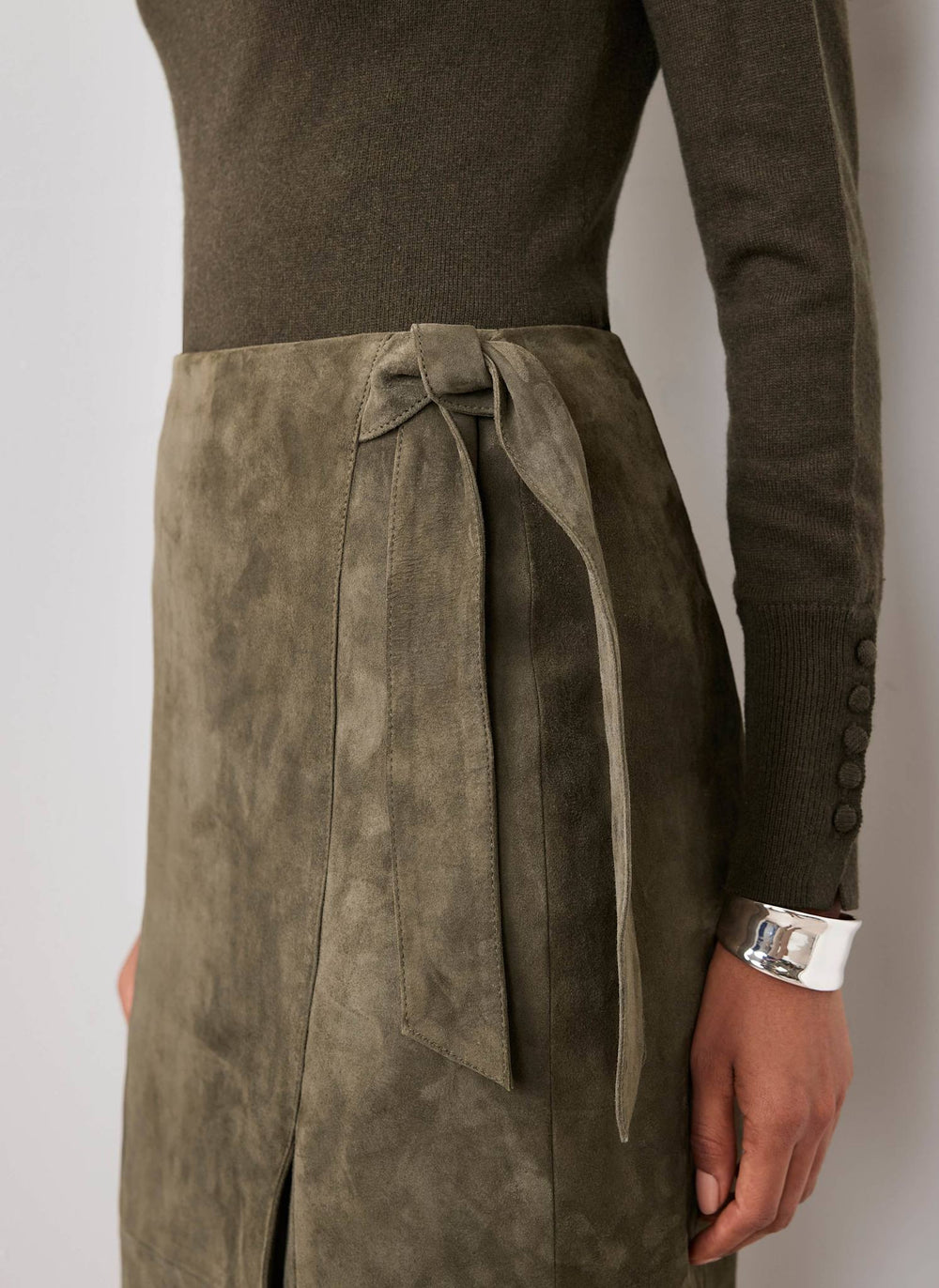 Khaki Suede Midi Skirt