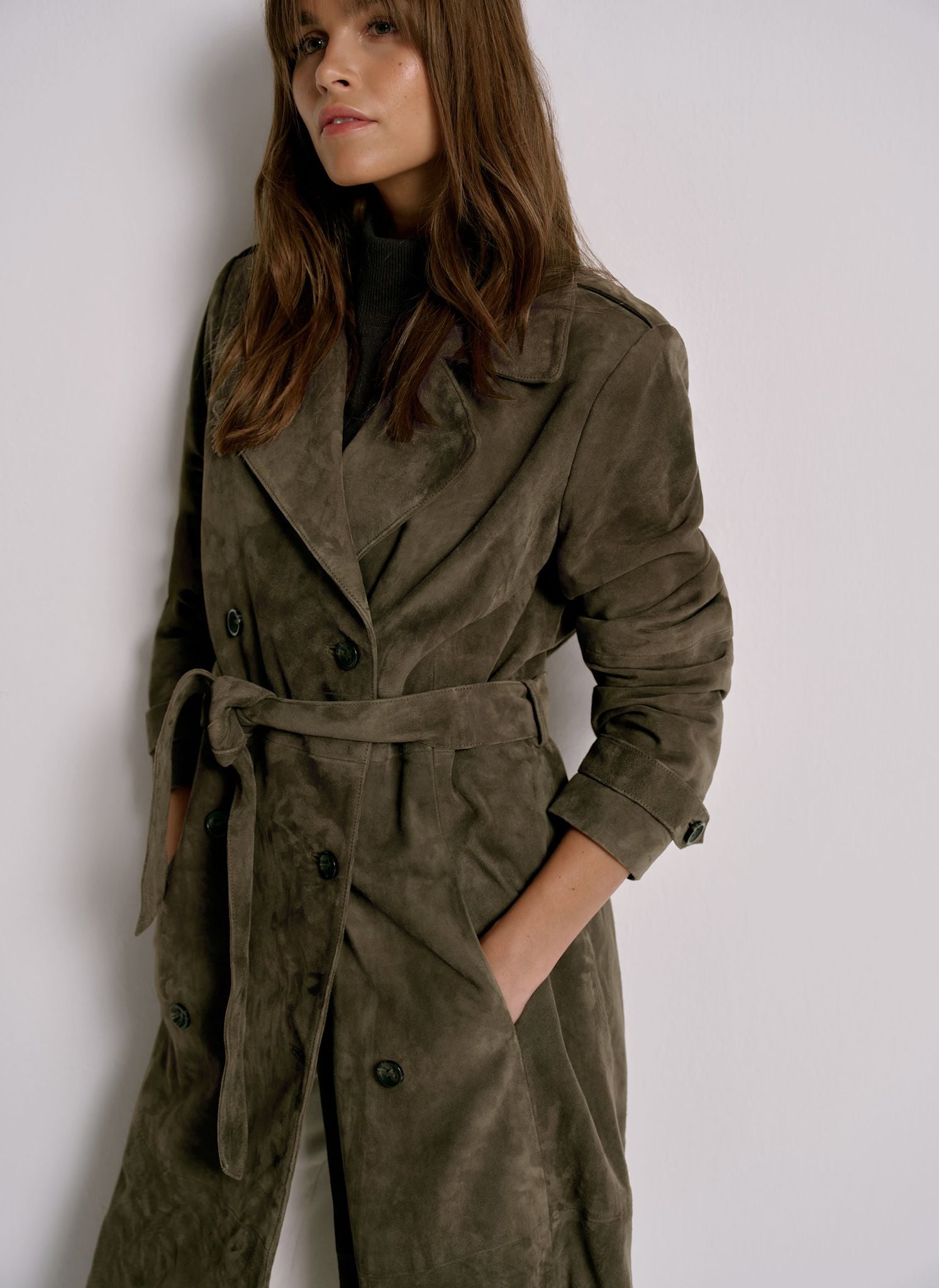 Khaki Suede Trench Coat – Mint Velvet