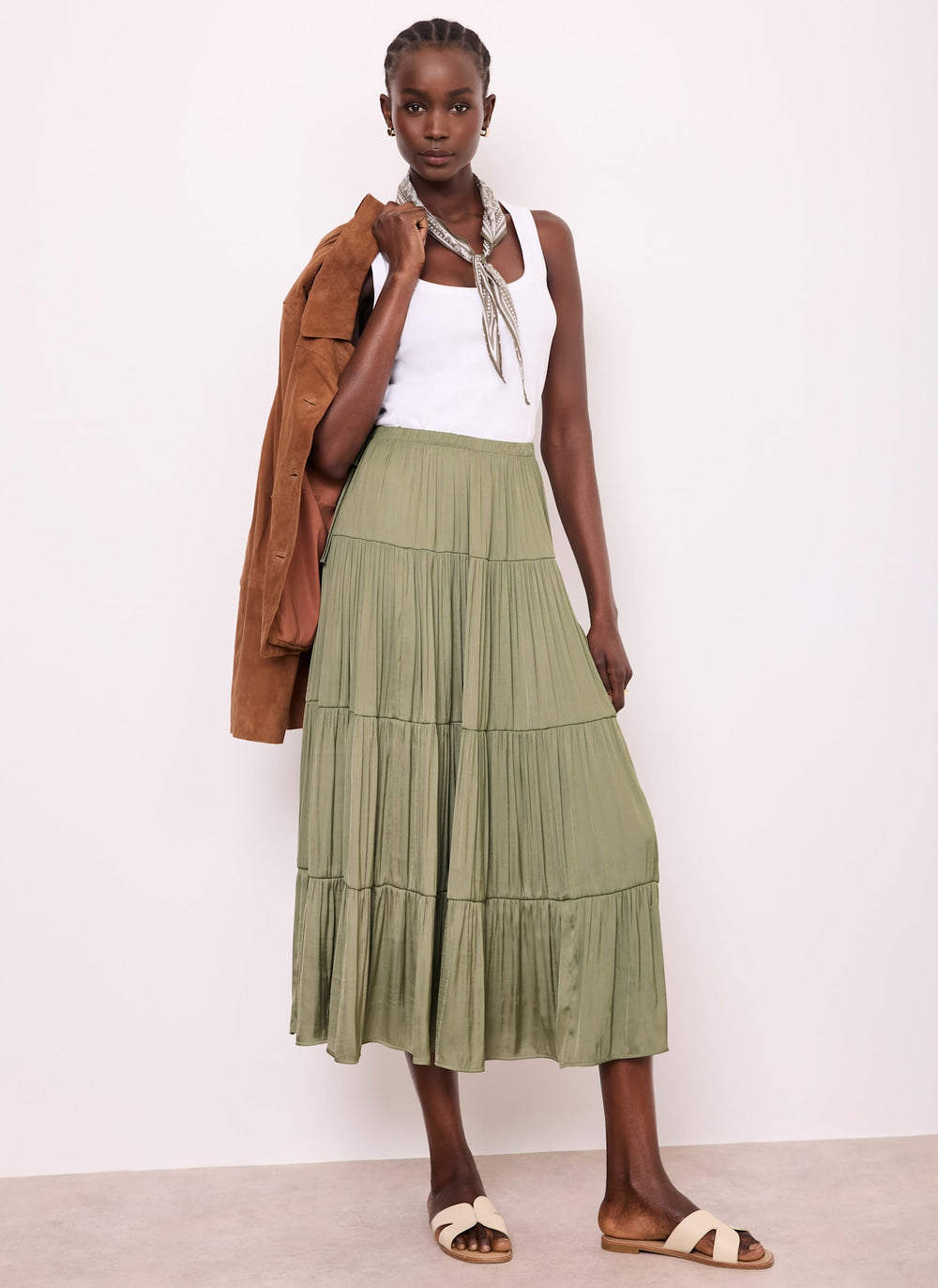 Khaki Satin Tiered Maxi Skirt