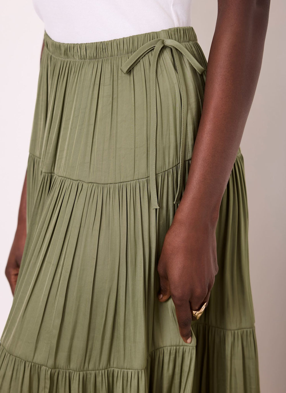 Khaki Satin Tiered Maxi Skirt