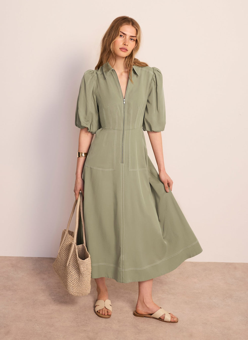 Khaki Utility Zip Midi Shirt Dress