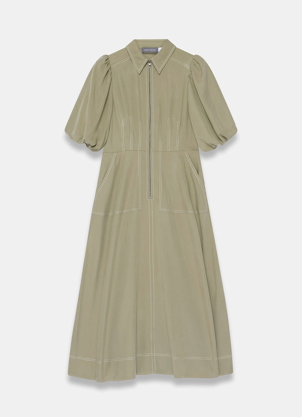 mint velvet shirt dress Mint Velvet Khaki Utility Zip Midi Shirt Dress | Size 8 | Green