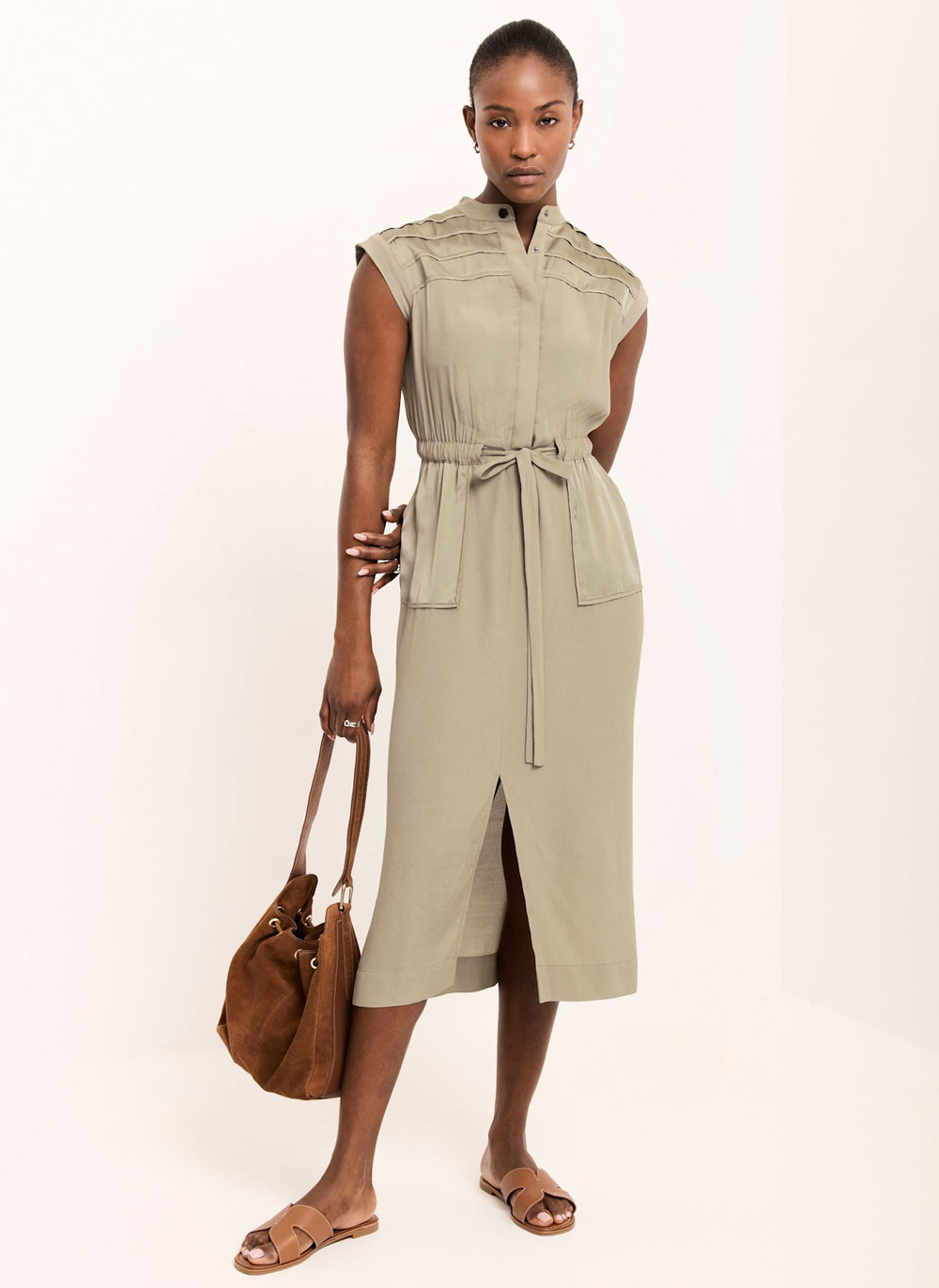 Khaki Satin Utility Midi Dress